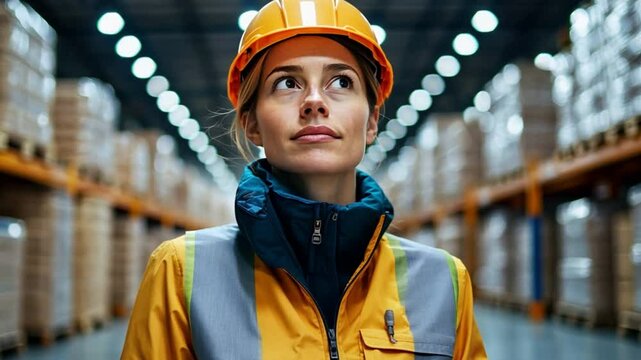 Warehouse Visionary: A determined female warehouse worker, adorned in safety gear, gazes upwards with focused ambition amidst the organized rows of goods, embodying diligence and progress.