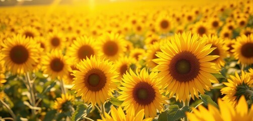 Obraz premium Vibrant yellow sunflower field bathed in warm sunlight, photo, rural, illustration