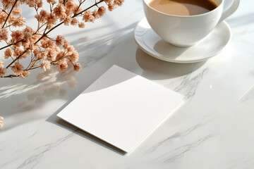 Blank card with coffee and dried flowers on marble table in sunlight