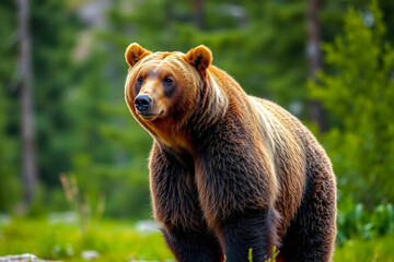 Grizzly Bear with Vibrant, Rich Fur Colors Gracefully Moving Through a Blurred Forest, Capturing Its Majestic Presence, Vibrant Wallpaper