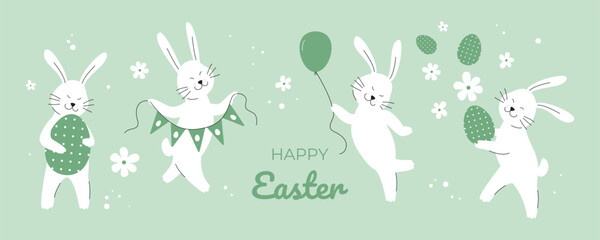 Easter Happy Rabbits, Easter Eggs and Flowers. Playful Bunny Rabbits. Holiday beautiful design for greeting card, poster, cover. Spring Vector illustration isolated 