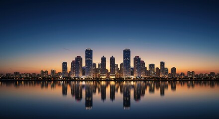 Fototapeta premium A Beautiful City Skyline Reflecting in Calm Water at Twilight