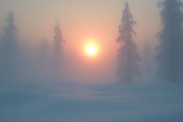 Winter Sunrise Through Fog in Snowy Forest Landscape Scenery