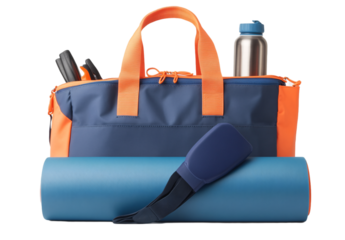 gym bag with blue and orange accents, containing a yoga mat and water bottle, isolated on a transparent background