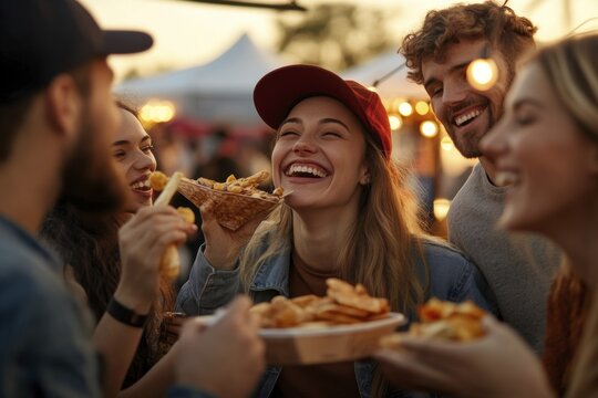 Group of friends enjoying street food at a festival during golden hour - Powered by Adobe