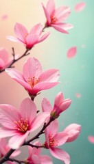 Obraz premium Abstract pink sakura petals swirl in a whimsical dance against a soft peach and mint green background , colors, floral, nature