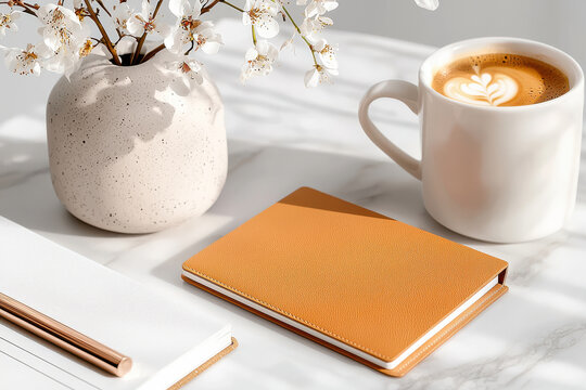 Elegant workspace with coffee mug, notebook, and vase of white flowers on marble surface