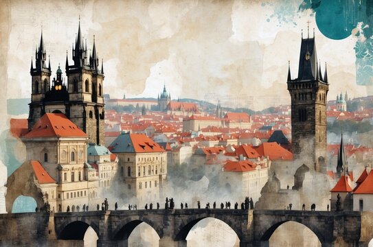 Historic Charles Bridge with Gothic towers in Prague on a foggy morning