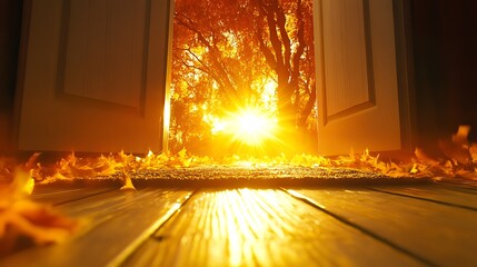 Autumn sun shining through open door.