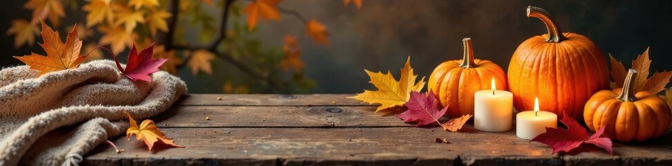 Rustic wood table, vibrant fall leaves, pumpkins, cozy blanket, candles , celebration, decor