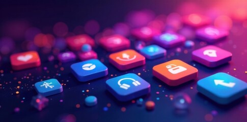 Colorful gradient app icons scattered on a futuristic background, tech, design, innovative