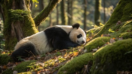 Fototapeta premium a panda bear in a lush forest 