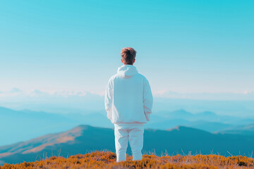 Young caucasian male in white outfit enjoying mountain view