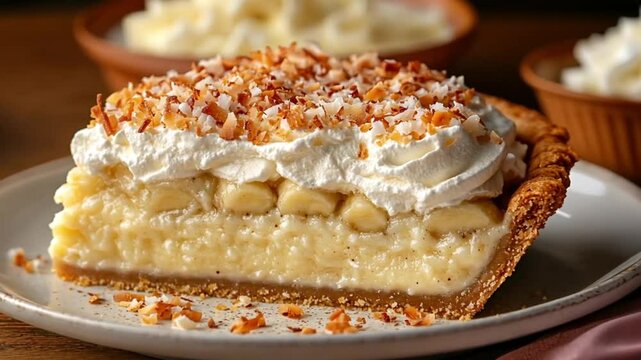 Delicious coconut cream pie slice, creamy filling, topping, dessert