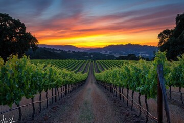 Naklejka premium A vineyard landscape at sunset with rows of vines and a colorful sky in the background scene of nature