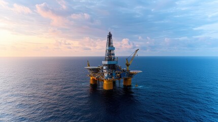 An aerial shot of a dynamic oil rig in the middle of the ocean, where workers are actively engaged in operations under the glow of a dramatic sunset. The image captures the scale of the rig