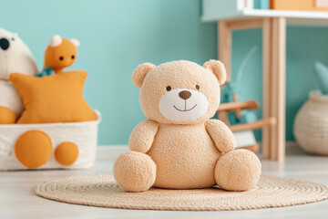 Cute teddy bear in cozy child's playroom with plush toys and pastel decor