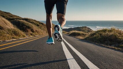 Runner showcasing determination on coastal road