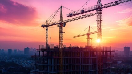 Construction cranes over skyscraper at sunset