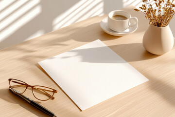 Sunlit workspace with glasses, pen, and coffee on wooden desk