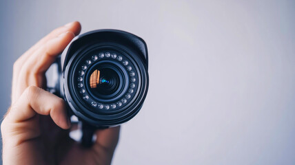 Close up of a hand adjusting a security camera lens against a color background. The focus is on the lens, with the hand slightly out of focus.