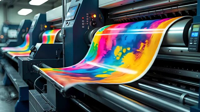 High-Speed Colorful Inkjet Printing Press Producing Bright Abstract Art Sheets