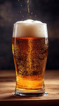 Beer pouring into glass, refreshing mood, beverage advertisement, dark background
