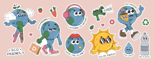 Obraz premium Eco stickers set with cartoon groovy characters for World Earth, Environment day. Eco friendly, save Earth, no plastic, environmental protection. Isolated vector illustrations