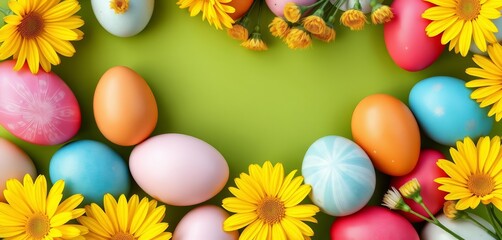 Flat lay of colorful Easter eggs & yellow spring flowers on green background Happy Easter card template, spring, overhead