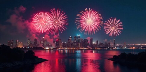 Midnight fireworks exploding over a cityscape on New Year's Eve, holiday, explosion