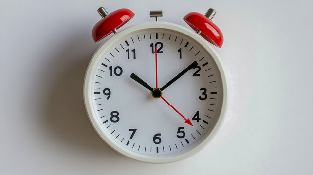 Daylight Saving Time Adjustment White Alarm Clock on a grey Background, Top View, with a Highlighted Area and an Arrow Indicating the One-Hour Forward Time Change.