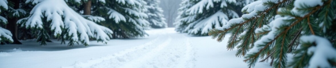 Snow-covered evergreen tree branches on the ground, evergreen trees, Christmas decoration, holiday decor