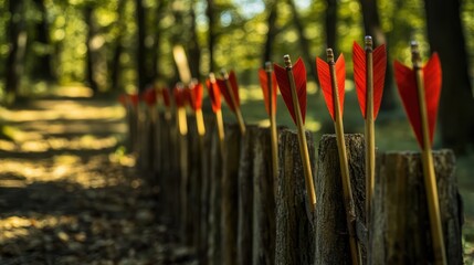 A row of archery targets set against a wooded backdrop. Each target,