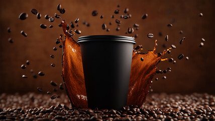 A black paper cup placed in the center of a spread of coffee beans, with coffee splashing out of the cup, droplets flying in every direction