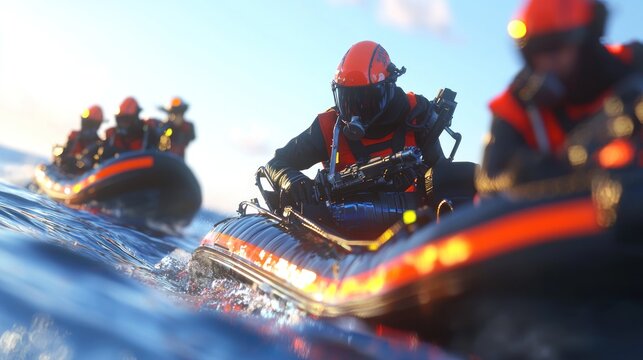 Divers in specialized inflatable boats navigate the water.  Team working together in maritime operation