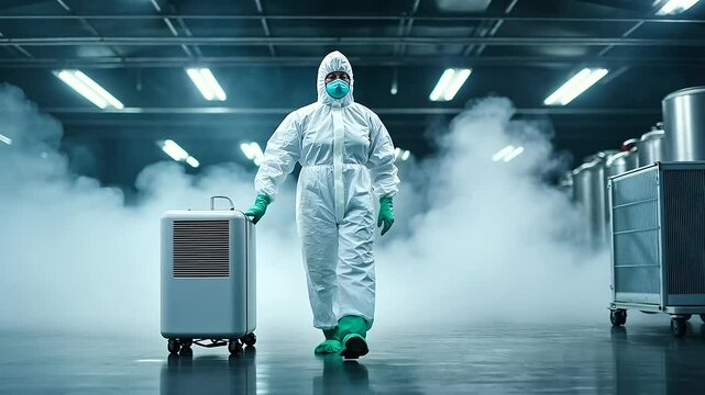 A hazmat-clad worker standing near an industrial dehumidifier, surrounded by dense fog. The air looks heavy with moisture, and signs of mold remediation equipment are scattered acr