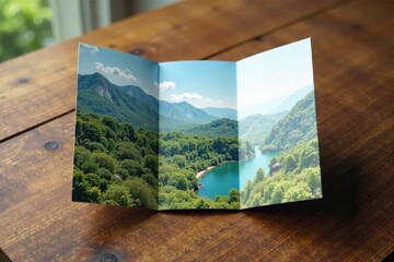 Wooden table with a neatly folded trifold brochure open to reveal a beautiful landscape, trifold, background
