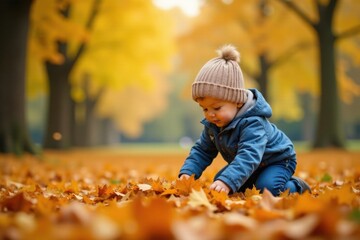 Young children playing in a pile of fallen leaves in an autumn park, forest floor, kids playing