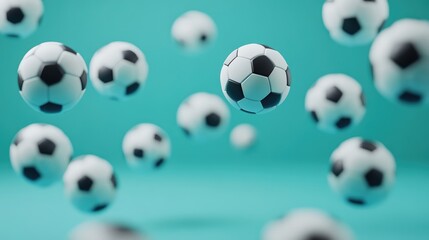 Fototapeta premium A collection of soccer balls appears to be floating against a solid light blue background.