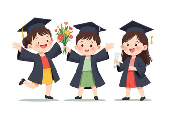 Cartoon Graduates Celebrate with Flowers and Diploma