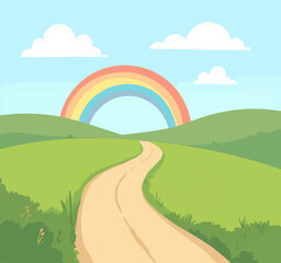 Fototapeta premium Cartoon Landscape with Road and Rainbow