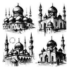 A set of four hand-drawn mosque sketches, each featuring a rough and organic brushstroke style