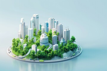 3D Isometric Smart City with Skyscrapers Buildings Roads and Green Tree Map Landscape Illustration