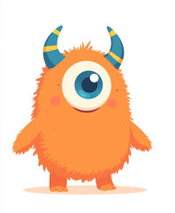 Cute orange furry one-eyed monster with blue horns
