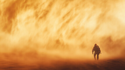 Naklejka premium A lone figure walks through a raging sandstorm, with towering clouds of dust and sand engulfing the landscape around them