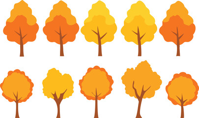 A collection of flat, cartoon-style autumn trees in various shades of orange, yellow, and brown.