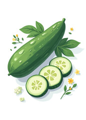 Fresh Cucumber with Slices and Leafy Decoration