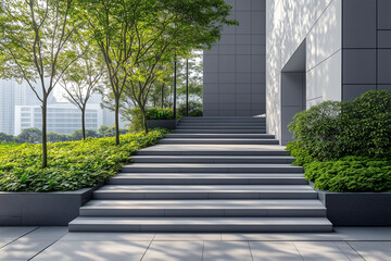 A modern staircase surrounded by lush greenery, leading to a building with sleek urban architecture in the background