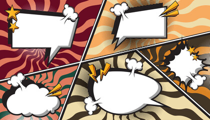 Colorful Retro Comic Explosion Background with Pop Art Style, Halftone Dots, Speech Bubbles, and Dynamic Action Bursts, Featuring a Set of Vibrant Comic Page Frames and blank Conversation Panels