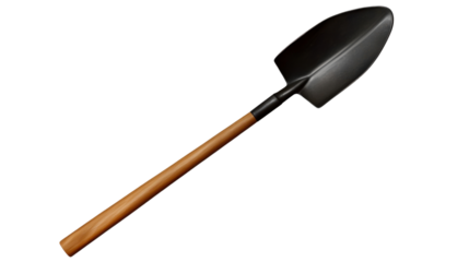 Garden Tool: A close-up shot of a garden shovel, featuring a dark shovel head and a wooden handle, isolated on a backdrop.